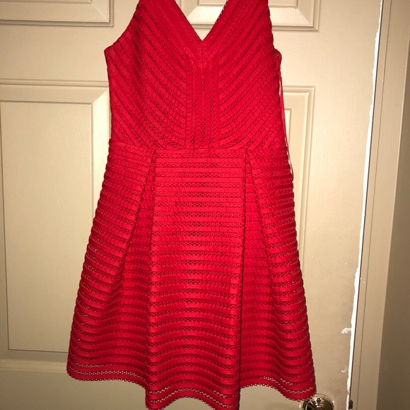 Express Red Mesh V-neck pleated fit & flare dress - Picture 3 of 5
